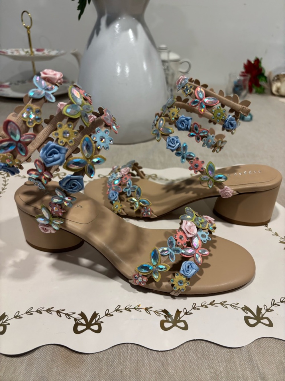 Copper Key Beige Mid-Heel Sandals with Multicolor Floral Appliqués